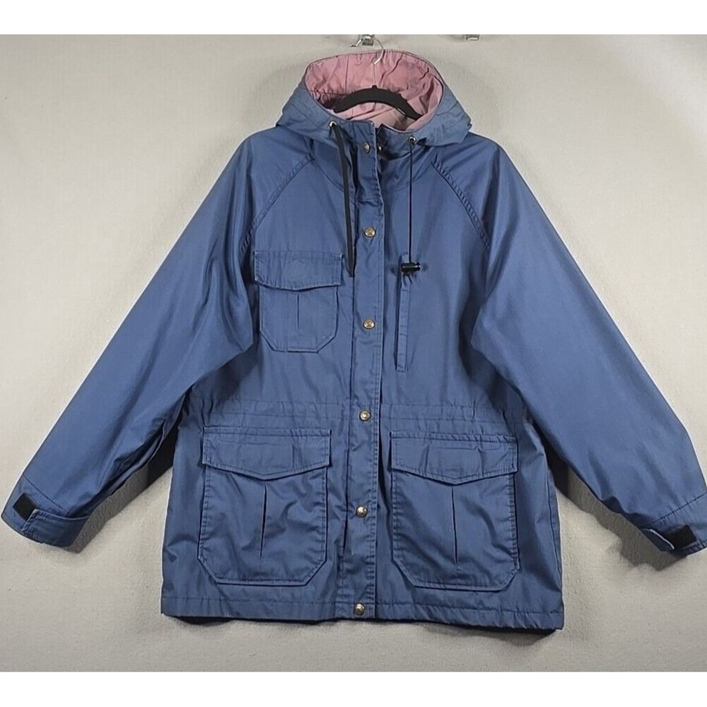 Vintage Eddie Bauer Women’s Rain Chore Barn Jacket Hooded Blue Size Large USA